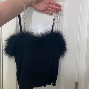 Black faux fur trim top with chain straps
